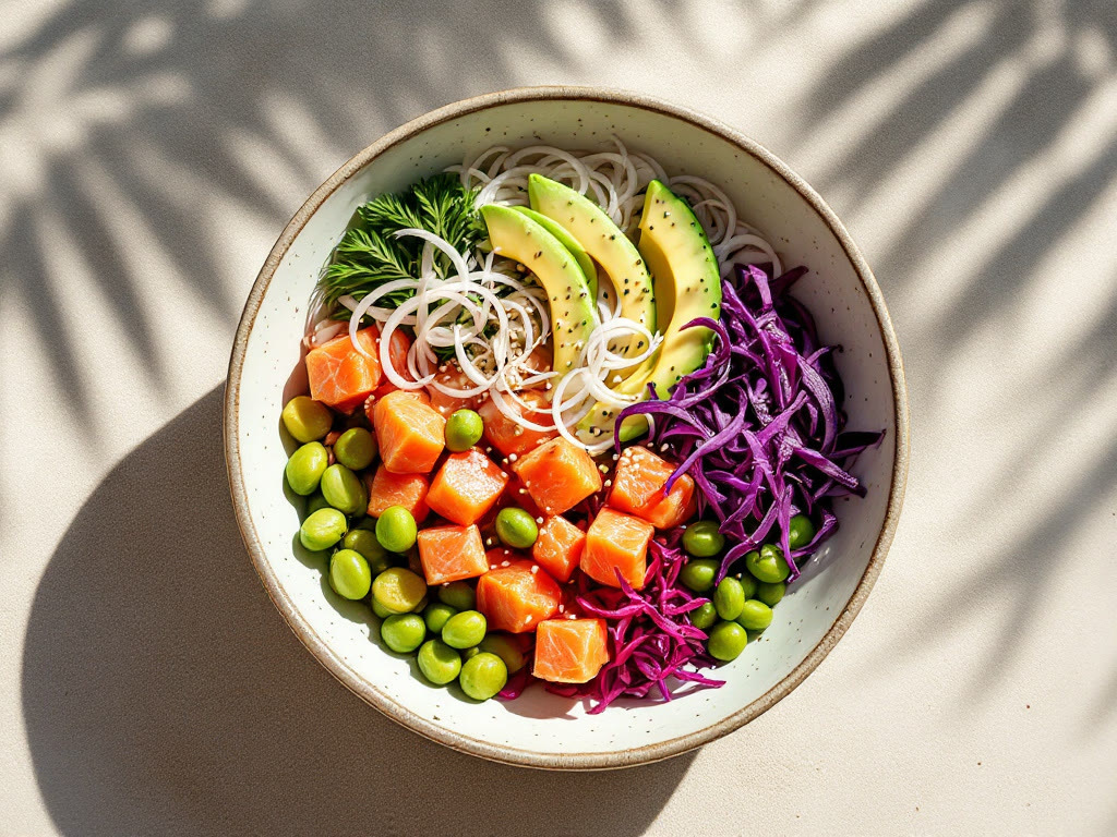 Poké bowl de salmón sobre la arena