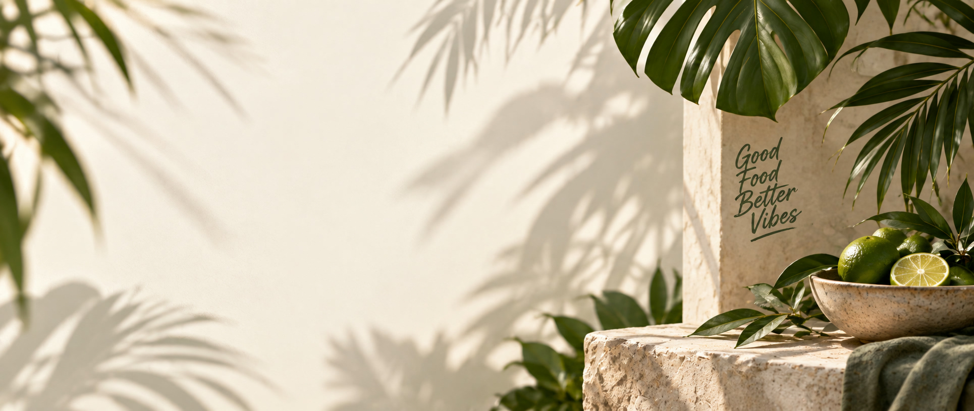 Pared de travertino con sombras de palmera, un cuenco de limas y el rótulo Good Food Better Vibes